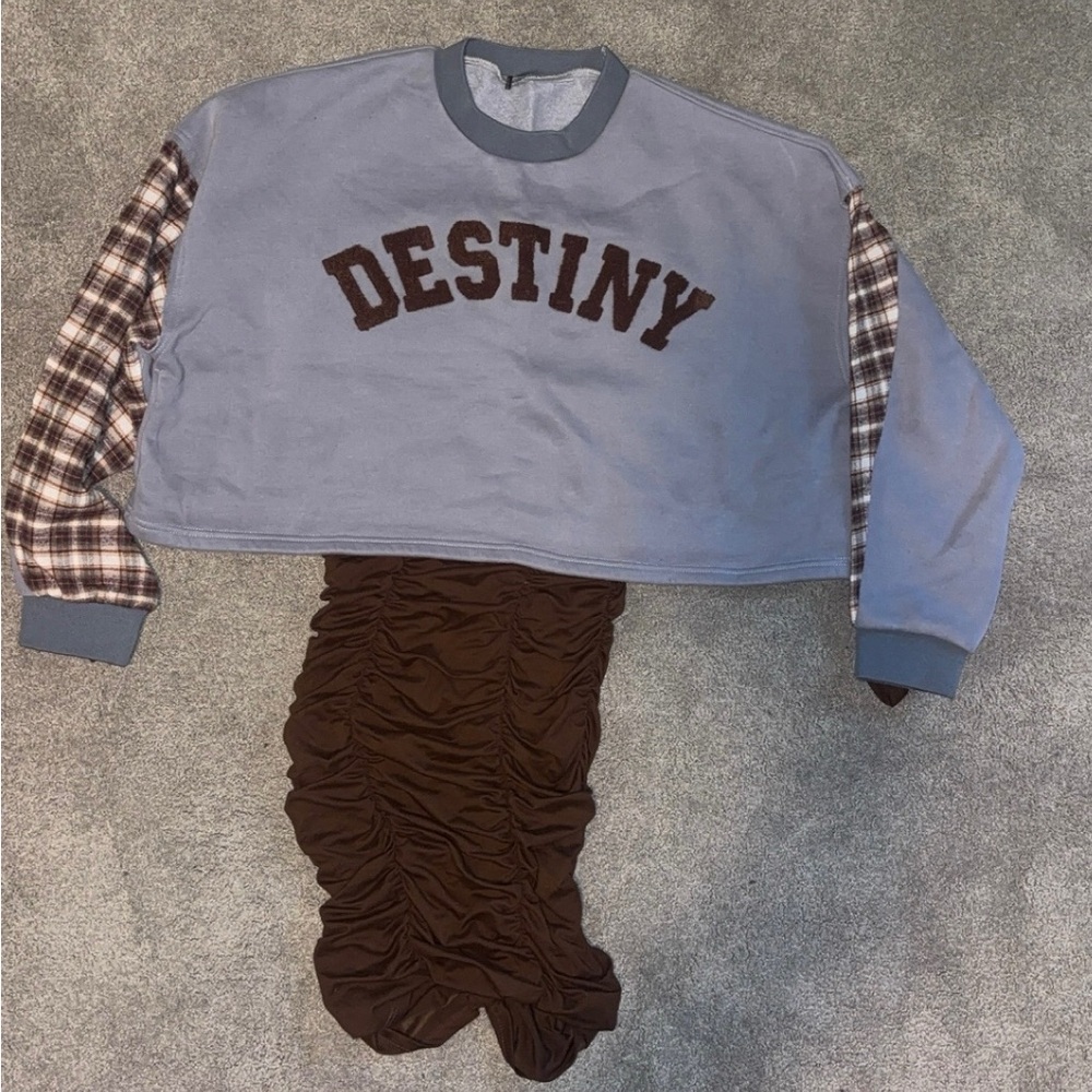 2 Piece Stretchy Brown Dress with Blue Destiny Sweatshirt Size Medium- Large